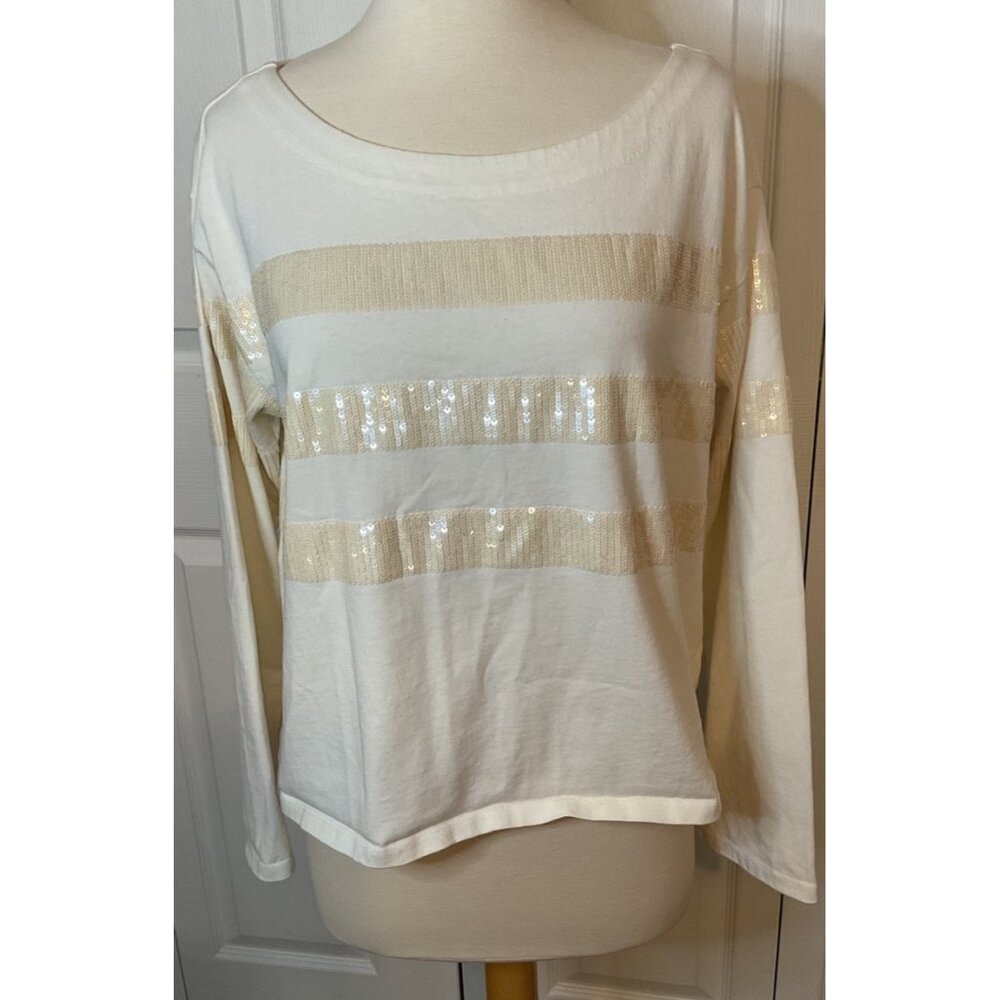J. Crew‎ Cream Sequin Striped Sweatshirt Top Size Medium